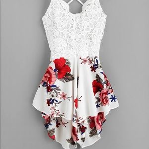 Crotchet lace floral print self tie romper